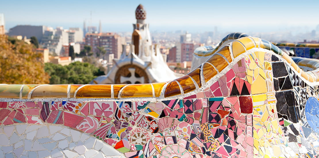 Mosaic covered structures in Park Güell, Barcelona, Spain